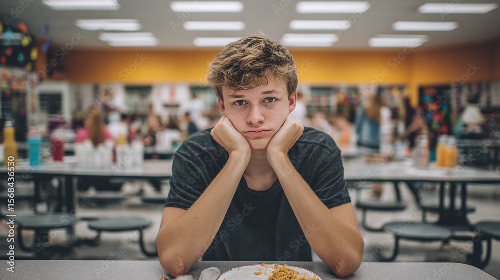 Obraz premium Teenager in school cafeteria looking dejected while sitting at lunch table with head in hands, looking sad, bored, or lonely while others socialize around him.
