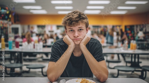 Teenager in school cafeteria looking dejected while sitting at lunch table with head in hands, looking sad, bored, or lonely while others socialize around him.
