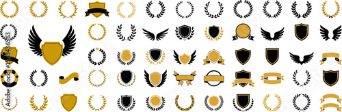 Collection of Gold and Black Laurel Wreaths, Shields, Wings, and Ribbons:  Elegant Heraldic Vector Icons.