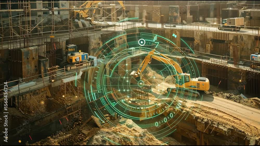Deep Foundation Excavation Site with Tracked Excavator Surrounded by Augmented Reality Sensor Rings