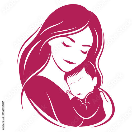 Print Mother Holding Baby Loving Line Art Illustration