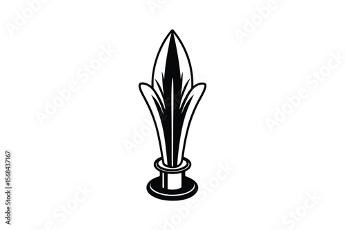 A drawn black shape of a spike with a sharp point and lots of fancy details.  A wide, curved base with a round band in the middle of the design adds a stylistic touch to the useful shape.  There is no