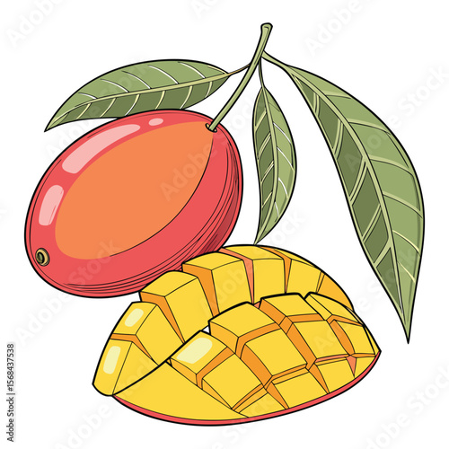 Print Ripe Mango Fruit and Sliced with Leaves