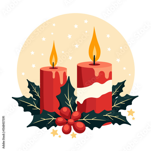 Red holiday candles with holly leaves and berries on a light background  