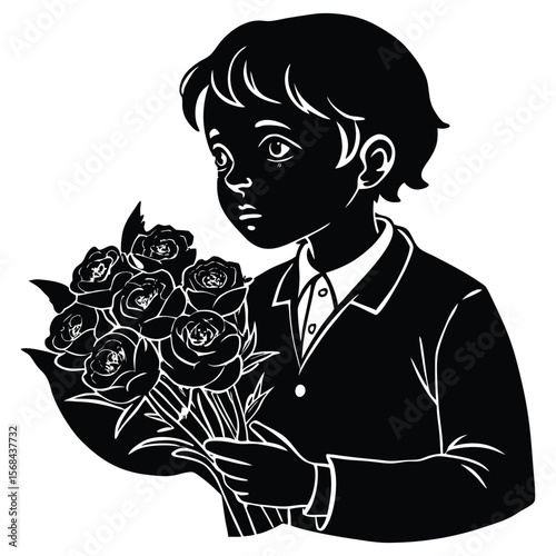 Print Vintage Illustration of a Young Boy in a Suit Holding a Bouquet of Roses