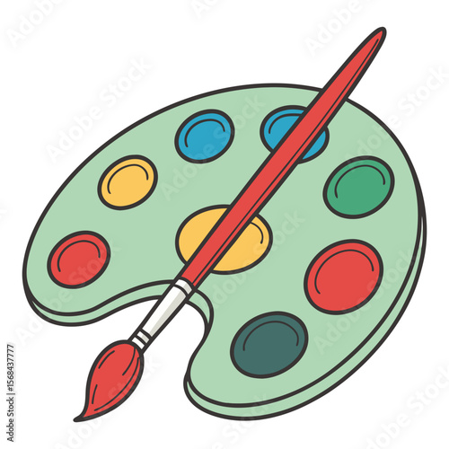 Print Vector Illustration of a Classic Art Palette with Colorful Paints and a Paintbrush.