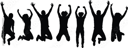 Group of ecstatic jumping people silhouettes, celebrating success, joyful energy, freedom, happiness, victory, teamwork, vibrant excitement, diverse, Adobe Stock.






