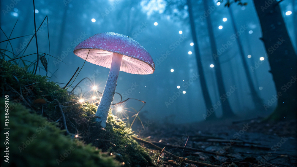 Fototapeta premium Glowing mushroom forest scene pink blue