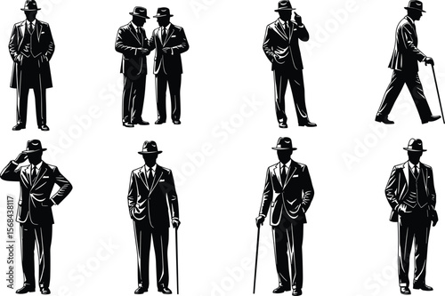 Collection of dapper men in suits and hats silhouettes, vintage style, elegant fashion, business, classic, sophisticated gentlemen, diverse poses, Adobe Stock.