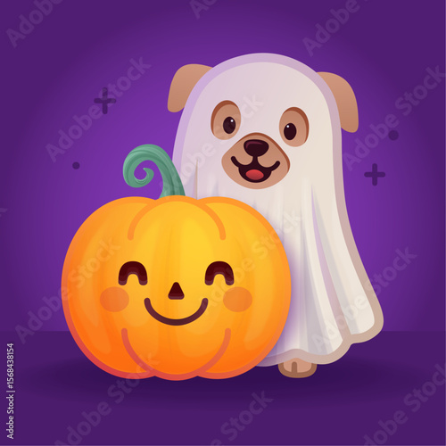 Cute Halloween Dog Dressed as Ghost with Smiling Pumpkin – Adorable Cartoon Puppy in Costume Illustration for Kids, Autumn, Holiday Greeting Cards, Stickers, Posters, Party Decor, and Clipart vector