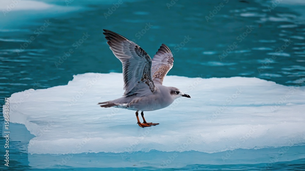 Fototapeta premium Seagull with outstretched wings on floating ice in arctic waters