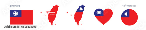 taiwan flag and map set. taiwan flag in official colors and proportions. independence day 10 october, map, circle and heart shaped taiwan 