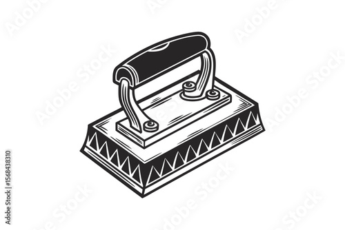 A hand iron that looks old and has a flat base and a bent handle.  Along the sides of the base, there is a wavy pattern that makes it look classic.  While the picture is black and white, it has very d