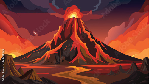 Dramatic Volcanic Eruption Scene with Lava Flowing Under Cloudy, Fiery Sunset Sky Landscape