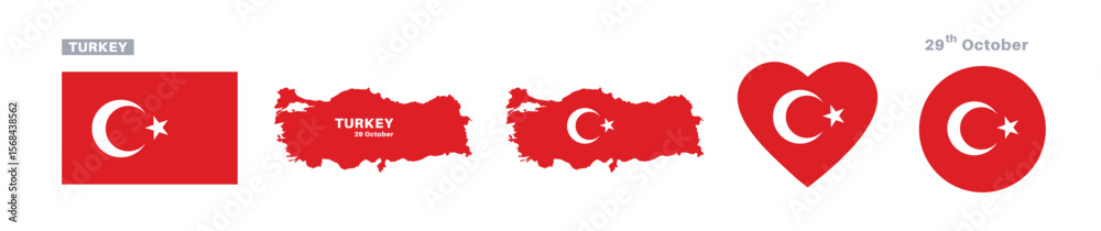 Obraz premium turkey flag and map set. turkey flag in official colors and proportions. independence day 29 october, map, circle and heart shaped turkey 