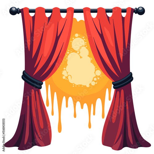 Torn red curtain with stains revealing orange background concept of transparency  