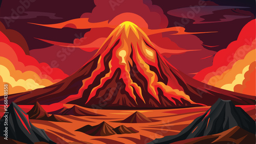 Cartoon Landscape of an Erupting Volcano with Molten Lava and Dark Clouds in the Sky
