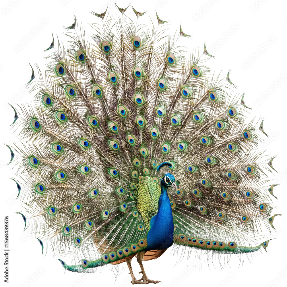 Obraz premium Majestic Peacock Displaying Its Full Plumage with Intricate Eye Patterns PNG Isolated on Transparent Background