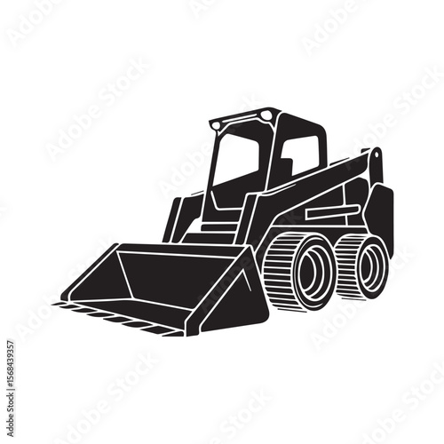 Black and White Skid Steer Loader Vector – Heavy Equipment Silhouette for Construction Use