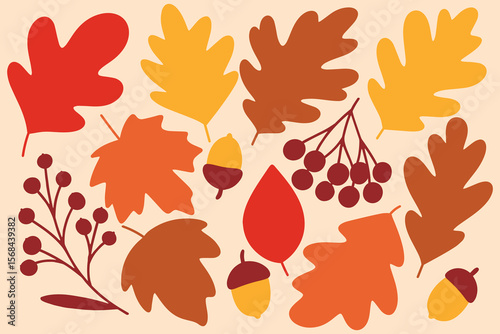 Warm fall design with detailed leaves, acorns, berries and branches in orange, red and yellow shades on light background