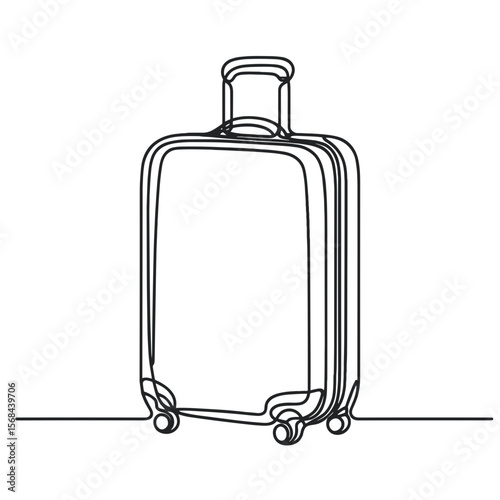 Minimalist line drawing of a travel suitcase on wheels, black on white, abstract sketch style