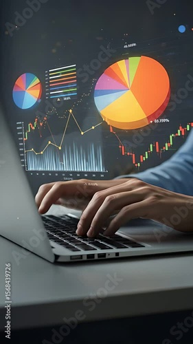 Data Analysis on Laptop: Financial professional analyses pie chart and graph for strategic business investment.