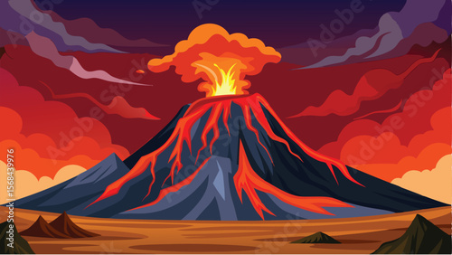 Illustrative Volcano Eruption with Lava Flowing Against Dramatic Sky and Sparse Landscape Scene