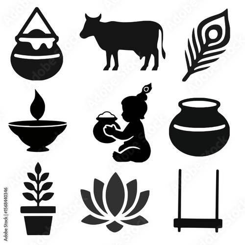 Krishna Janmashtami Black Silhouette Icon Set Includes dahi handi, flute, cow, feather, diya