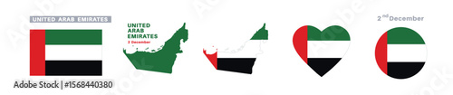 united arab emirates flag and map set. united arab emirates flag in official colors and proportions. independence day 2 december , map, circle and heart shaped united arab emirates