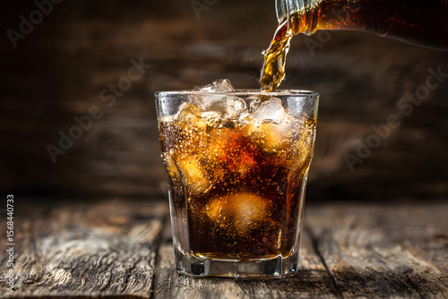 Wallpaper Mural Refreshing cola beverage being poured into a glass with ice cubes, creating a cool drink with bubbles, against a rustic background on the wooden table. Torontodigital.ca