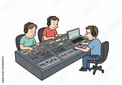 Three people with headphones working at a large audio mixing console with a laptop, illustrating audio production, broadcasting, or recording studio work.