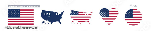 United states of america flag and map set. USA flag in official colors and proportions. independence day 4 july, map, circle and heart shaped america 