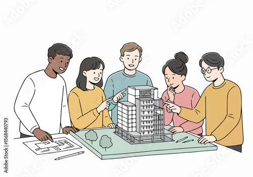 Creative team of architects and designers discussing building plans and model during collaborative meeting.