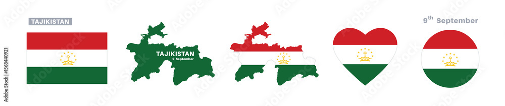 Fototapeta premium tajikistan flag and map set. tajikistan flag in official colors and proportions. independence day 9 september , map, circle and heart shaped tajikistan