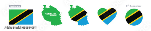 tanzania flag and map set. tanzania flag in official colors and proportions. independence day 9 december , map, circle and heart shaped tanzania 