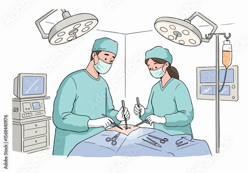 Illustration of two surgeons performing an operation in a sterile operating room, surrounded by medical equipment and instruments.