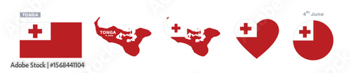 tonga flag and map set. tonga flag in official colors and proportions. independence day 4 june, map, circle and heart shaped tonga 