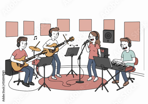 Young Cartoon Band Playing Music and Singing in a Recording Studio, Illustration
