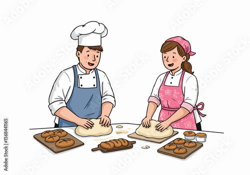 Illustration of a man and woman bakers kneading dough and preparing fresh bread and pastries together in a bakery.