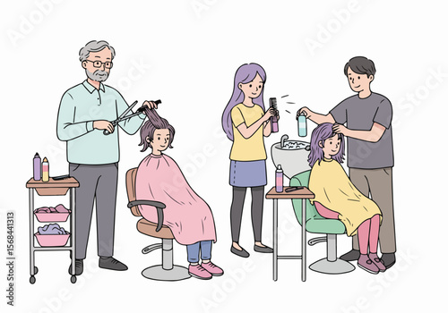 Illustration of customers receiving various hair services from stylists at a hair salon or barbershop, including cutting and washing.