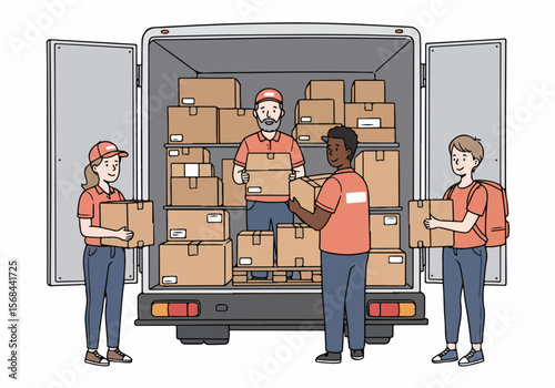 Delivery team loading boxes into a truck for shipping and logistics