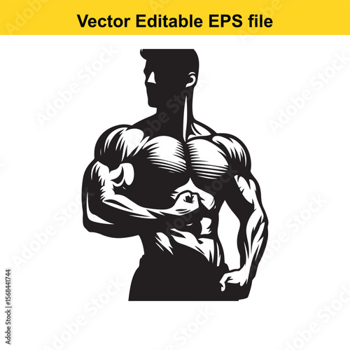 Silhouette of a Muscular Bodybuilder Striking a Classic Pose Showcasing Strength and Physique Against a White Background, Vector Illustration