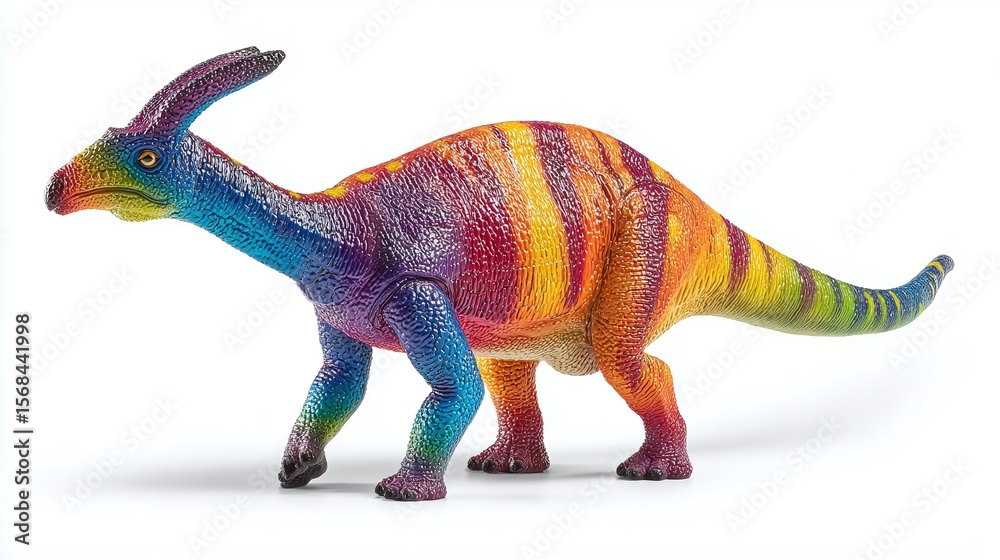 Obraz premium Colorful Parasaurolophus: Striking dinosaur figure with rainbow hues and distinctive head crest. A vibrant depiction of a prehistoric herbivore.