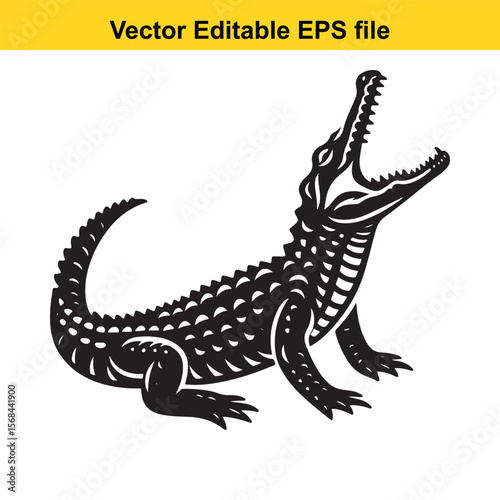 Detailed Silhouette Illustration of an Alligator Vector Editable EPS File Design Showing Open Mouth and Reptilian Features
