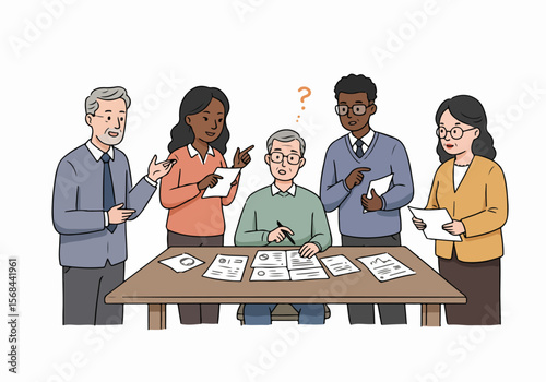 Diverse business professionals assist a confused senior man signing documents during a meeting, illustrating teamwork, guidance, legal matters, and financial planning.