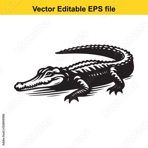 Monochromatic Alligator Illustration Detailed Vector Art Depicting a Crawling Reptile Silhouette Ideal for Wildlife Conservation and Educational Materials