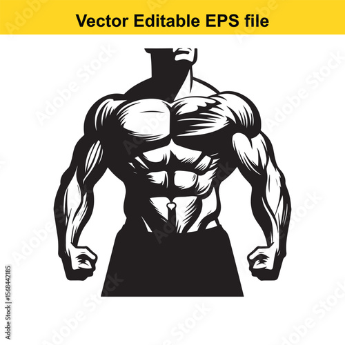 Vector Silhouette of a Muscular Man, Bodybuilder Physique, Strength, Fitness, and Wellness Black and White Design Graphic Illustration