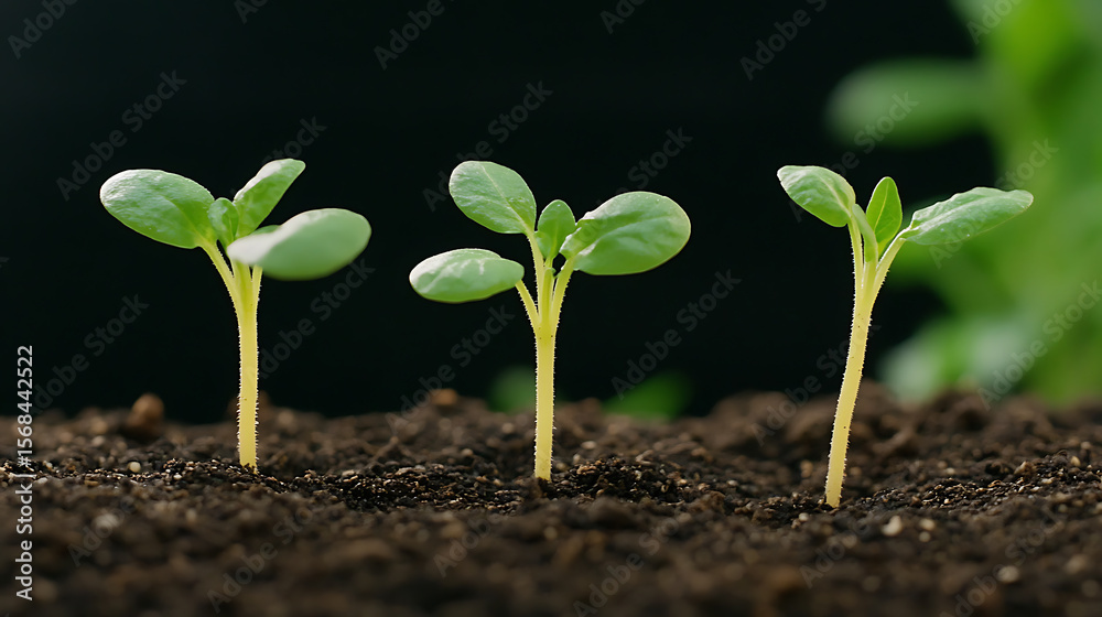 Fototapeta premium Seedlings emerging from soil represent growth, renewal and promise. The tiny leaves reach toward the light, a symbol of resilience and the potential for future abundance.