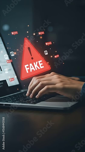 Detecting online fake news: Typing hands near a red 'fake' warning icon suggest critical evaluation of content spread on social networks.