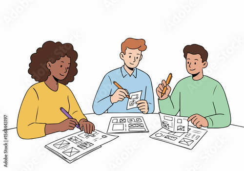 Diverse Team Collaborating on Website Wireframes and UX/UI Design Planning Illustration